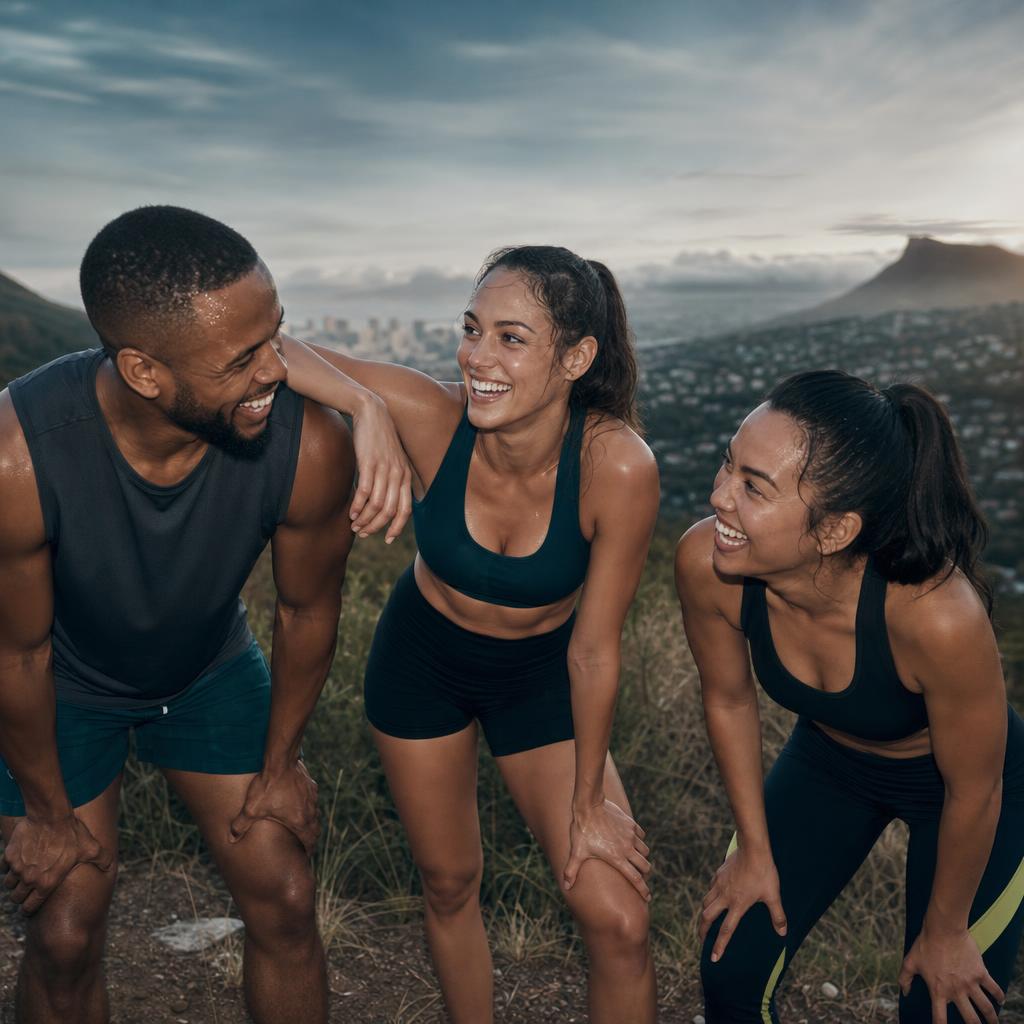 Three friends catching their breath together after a demanding outdoor workout.