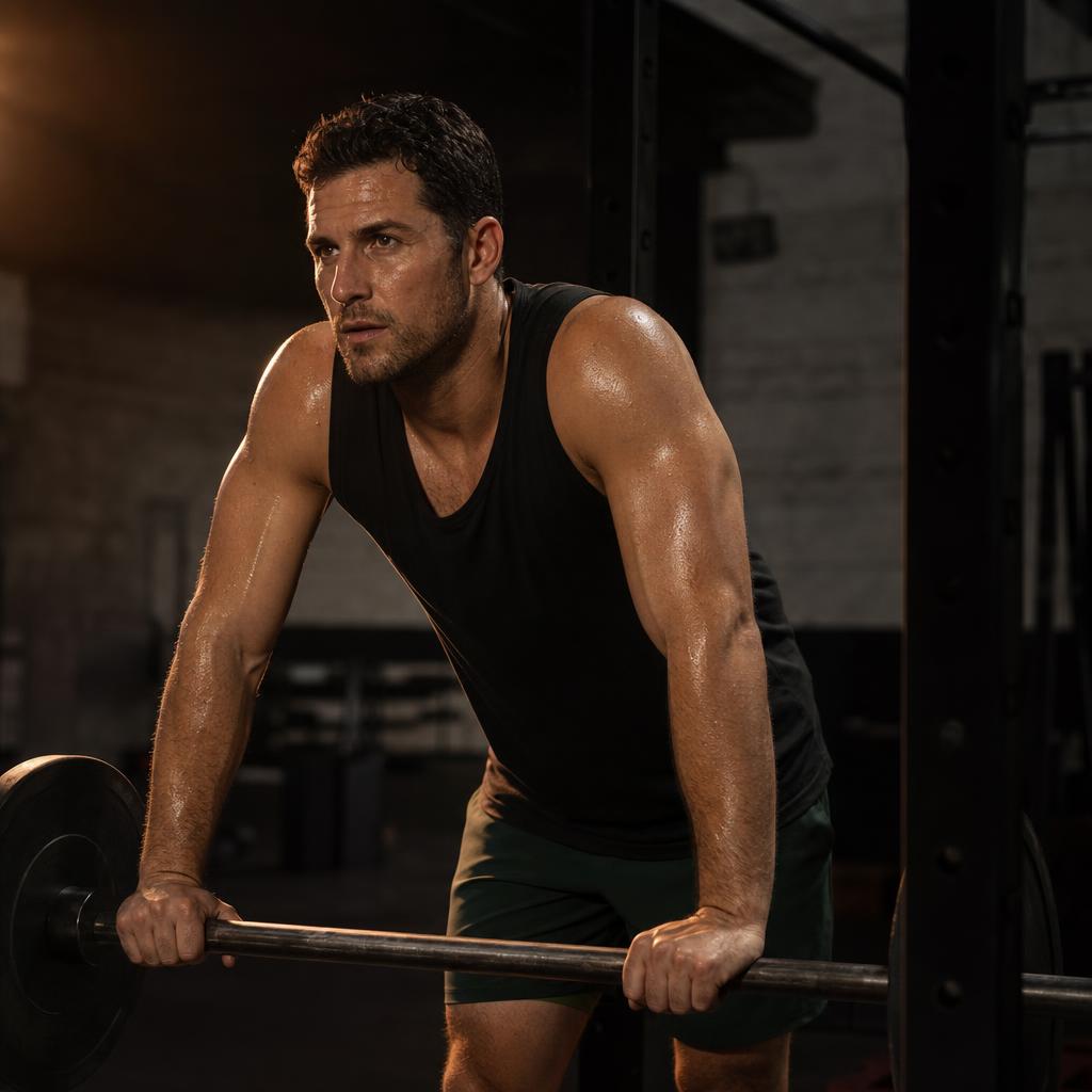 An athletic man bracing over a barbell with sweat on his arms after a strength-training set.